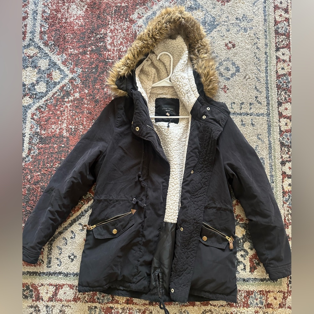 Women’s winter fur hooded jacket, size medium , Love tree